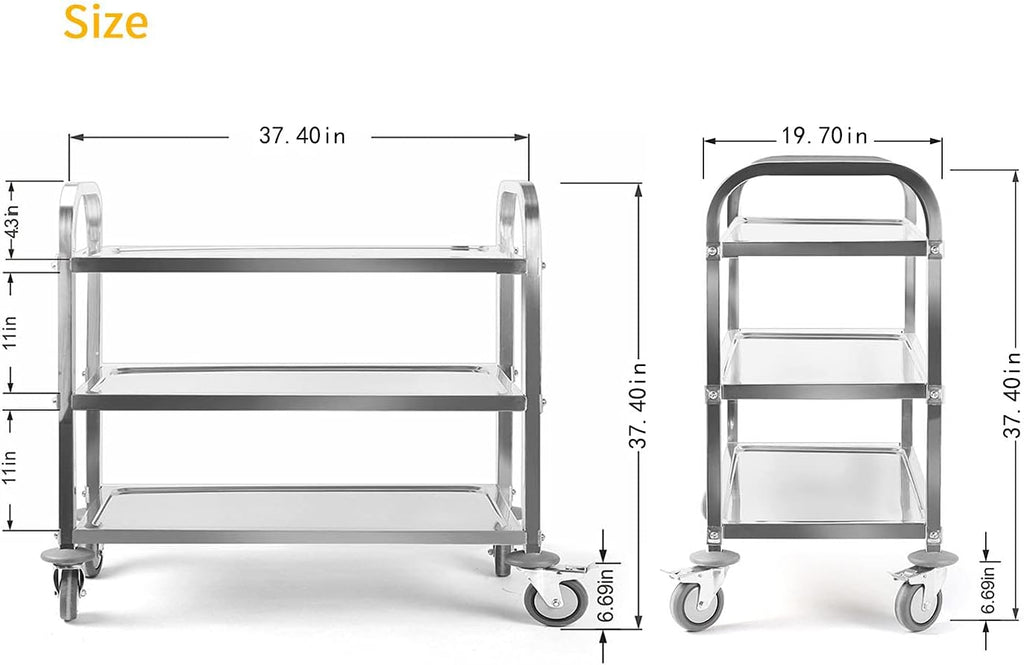 Large 3 Tier Stainless Steel Utility Rolling Cart with Locking Wheels H3359