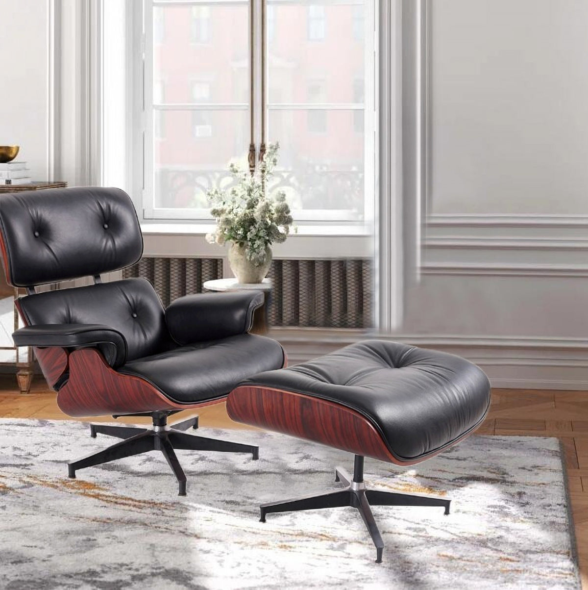 Black Tufted Leather Swivel Lounge Chair with Ottoman O822