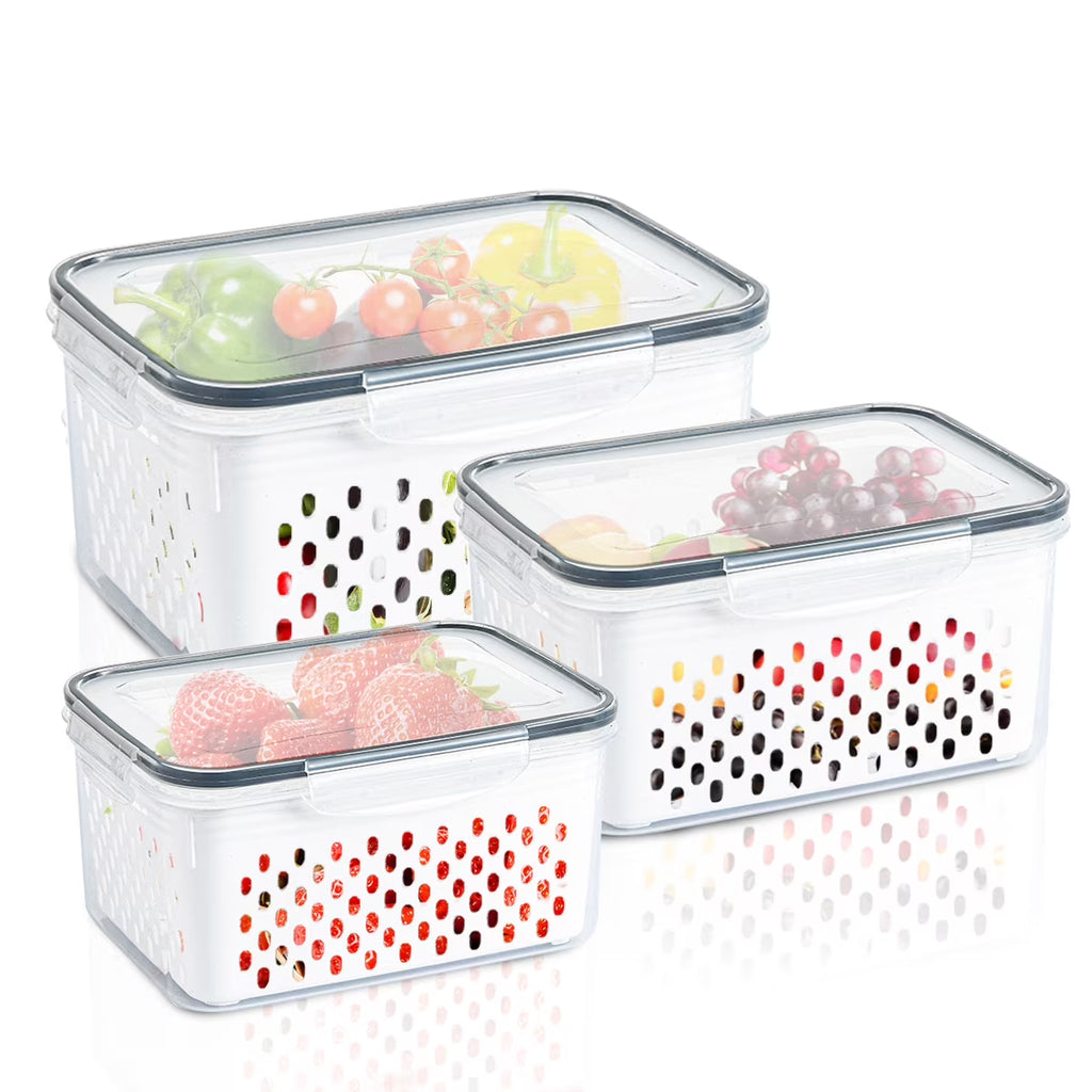 3 Pack Refrigerator Organizer Food Containers with Lids and Drain Colanders H169