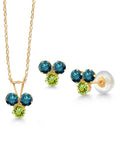 14K Yellow Gold Blue Diamond and Green Peridot 3 Stone Pendant and Earrings Jewelry Set (0.96 Cttw, Round 3MM, with 18 inch Chain) R16511