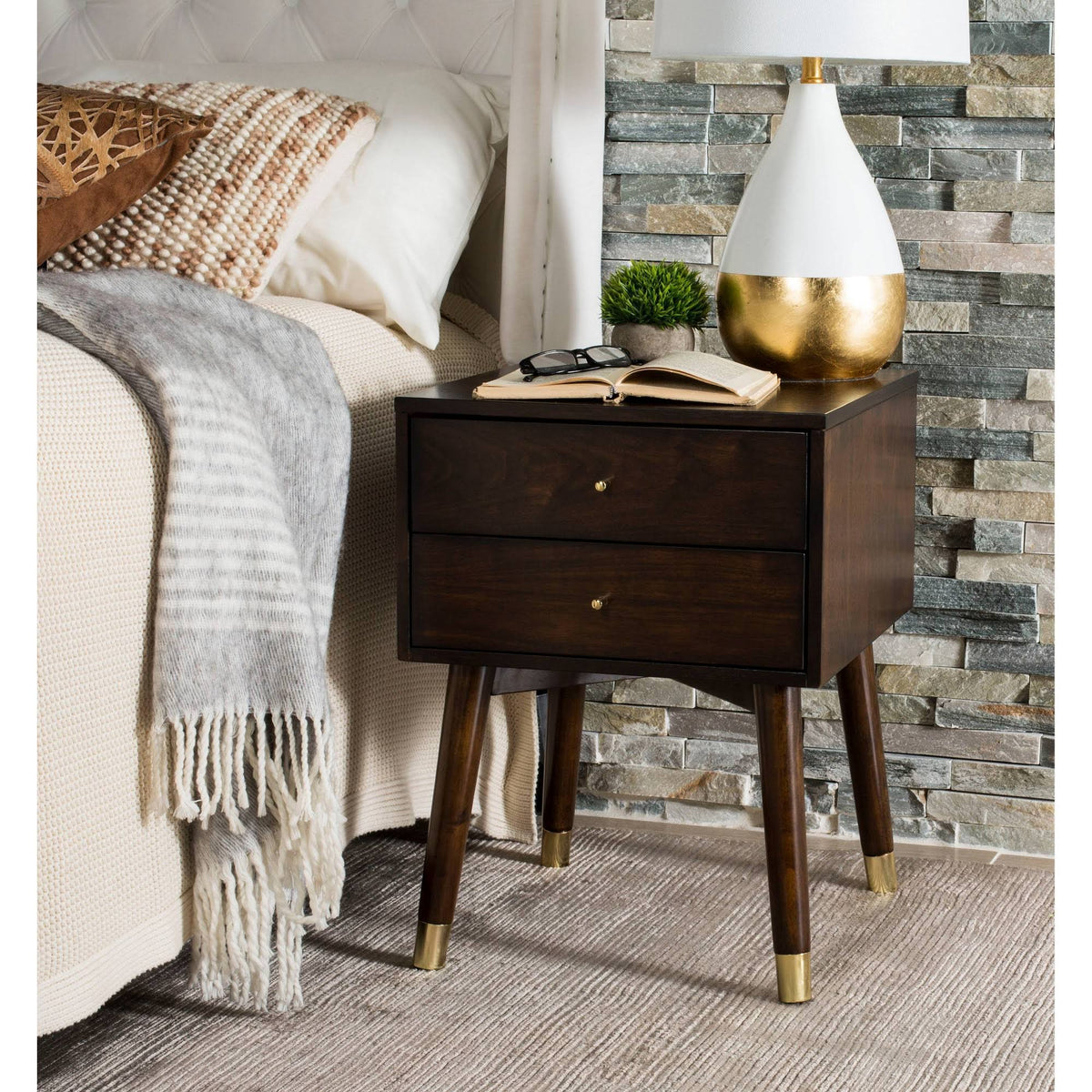 Walnut/Gold Cap Nightstand C256155