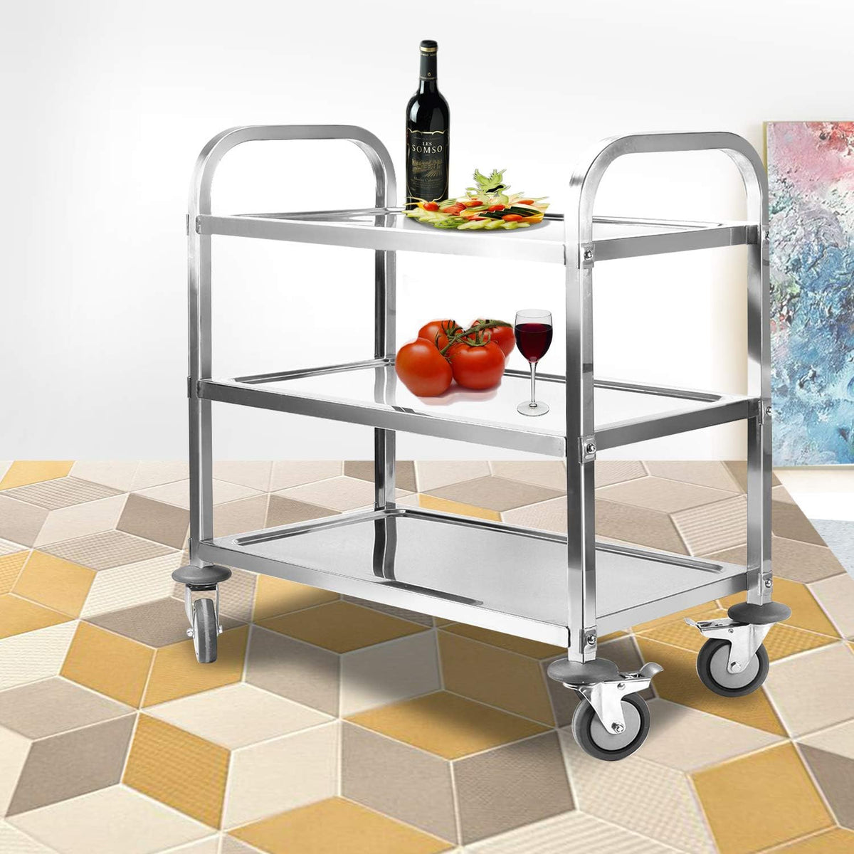 Large 3 Tier Stainless Steel Utility Rolling Cart with Locking Wheels H3359