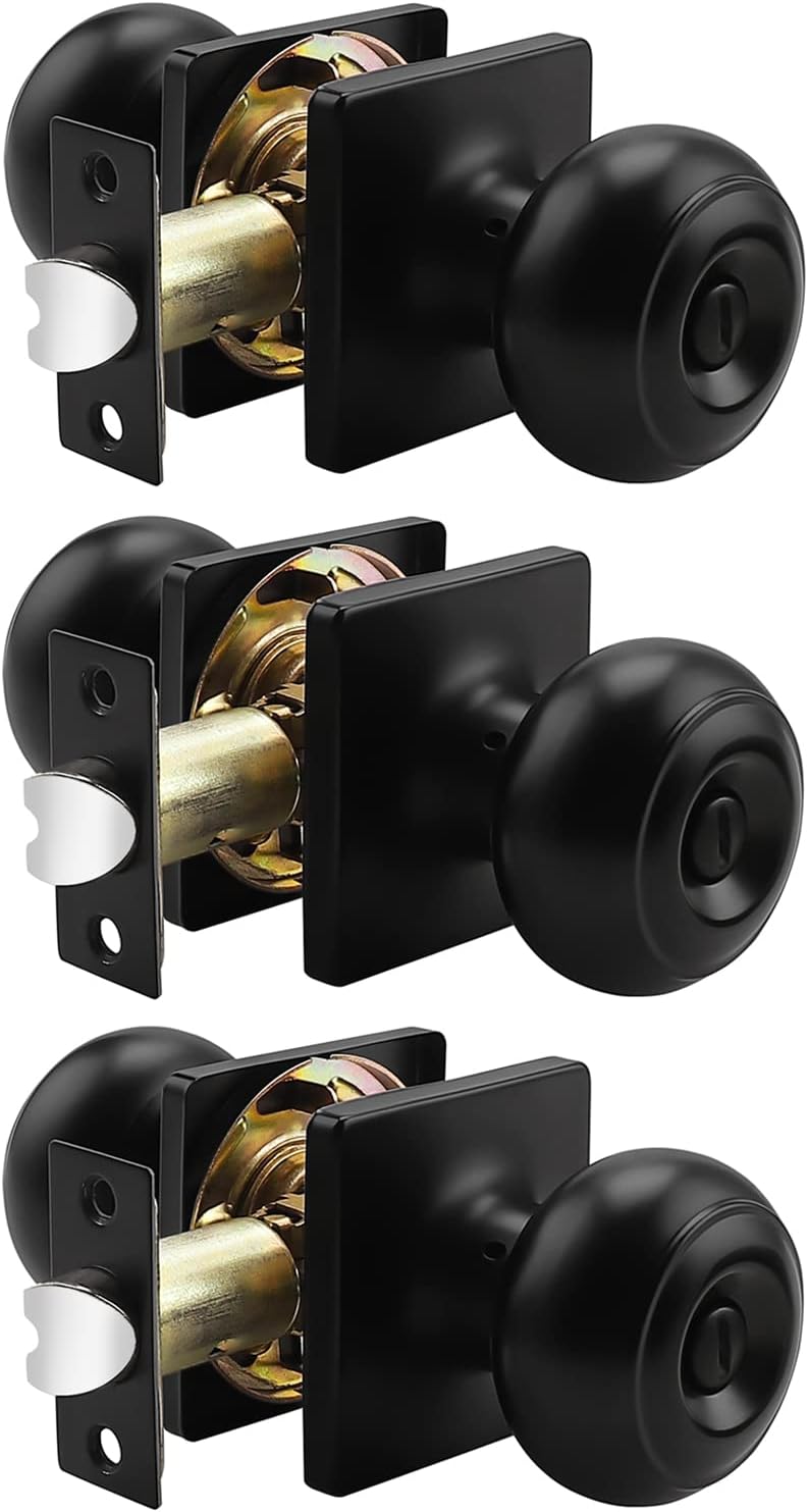 Black Passage Door Knobs with Square Rosette, 3 Pack J232658