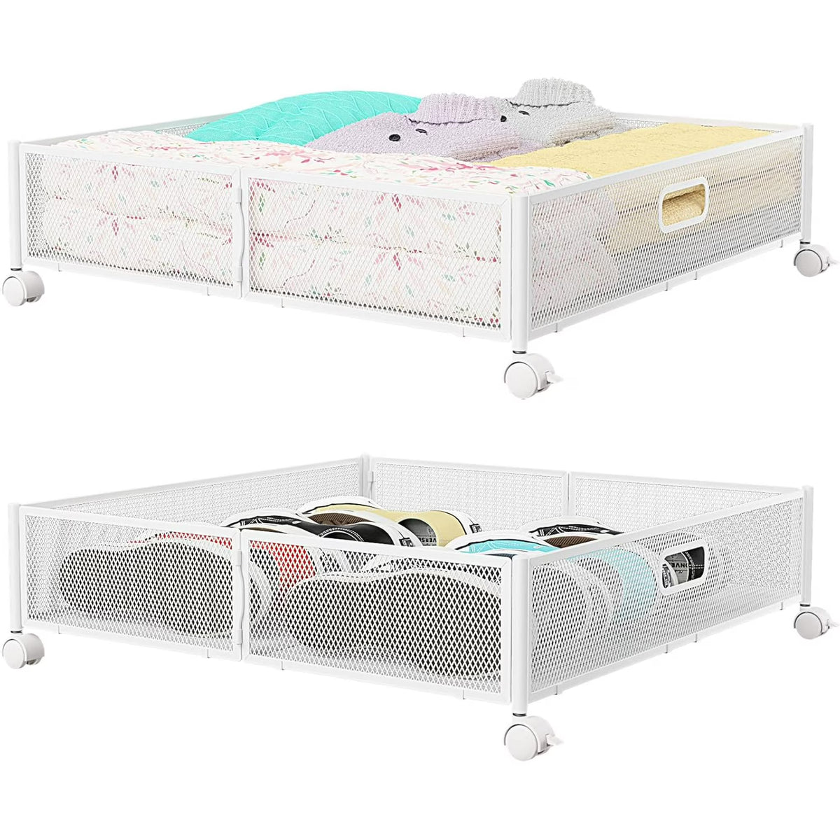 Under Bed Storage Containers with Wheels - Shoe Storage Organizer Drawer, Tool-free Assembly Metal Underbed Storage Containers for Bedroom Clothes, Shoes, Blankets - 2Pack
