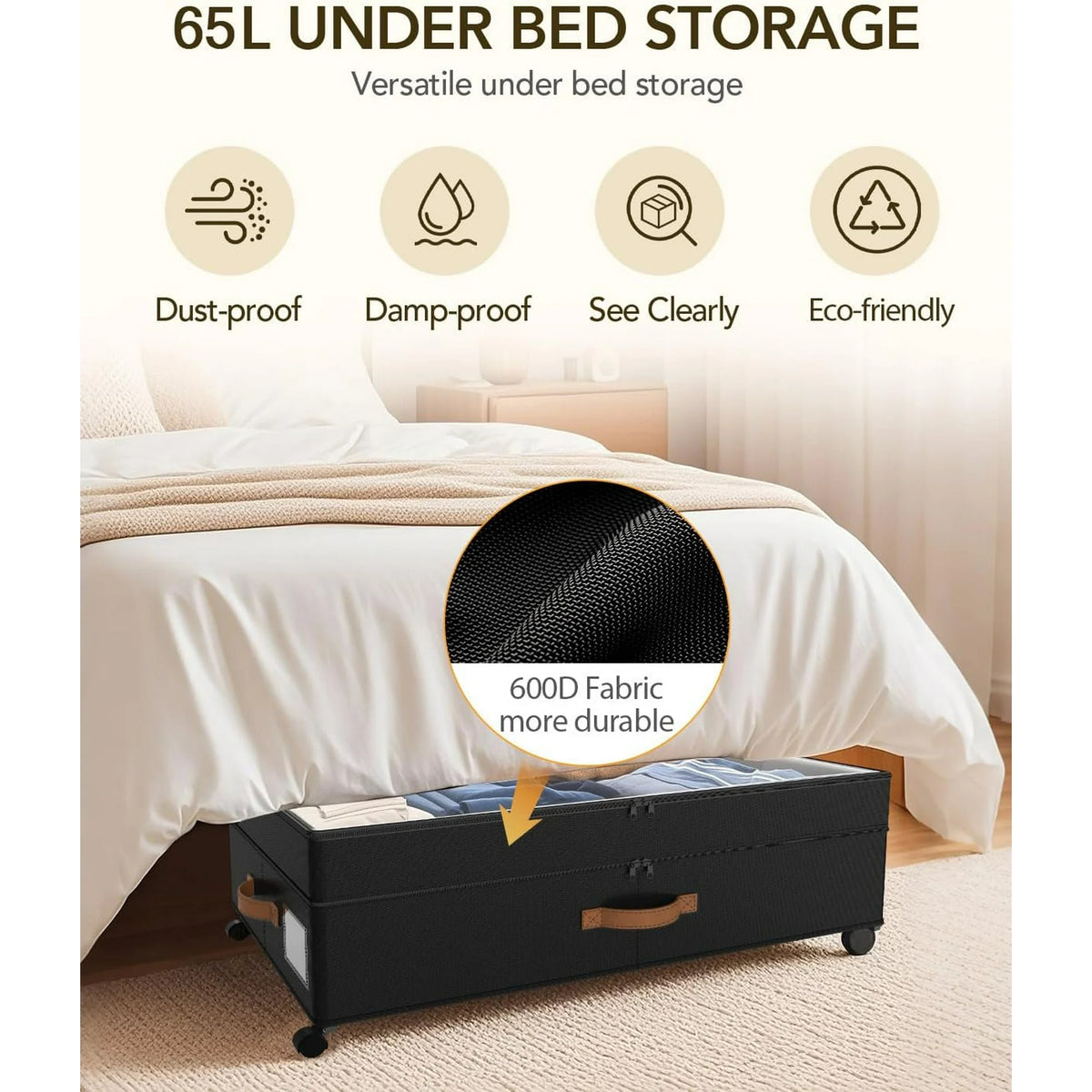 Under Bed Storage with Wheels, Adjustable Height, 10 Inches, Black E7377