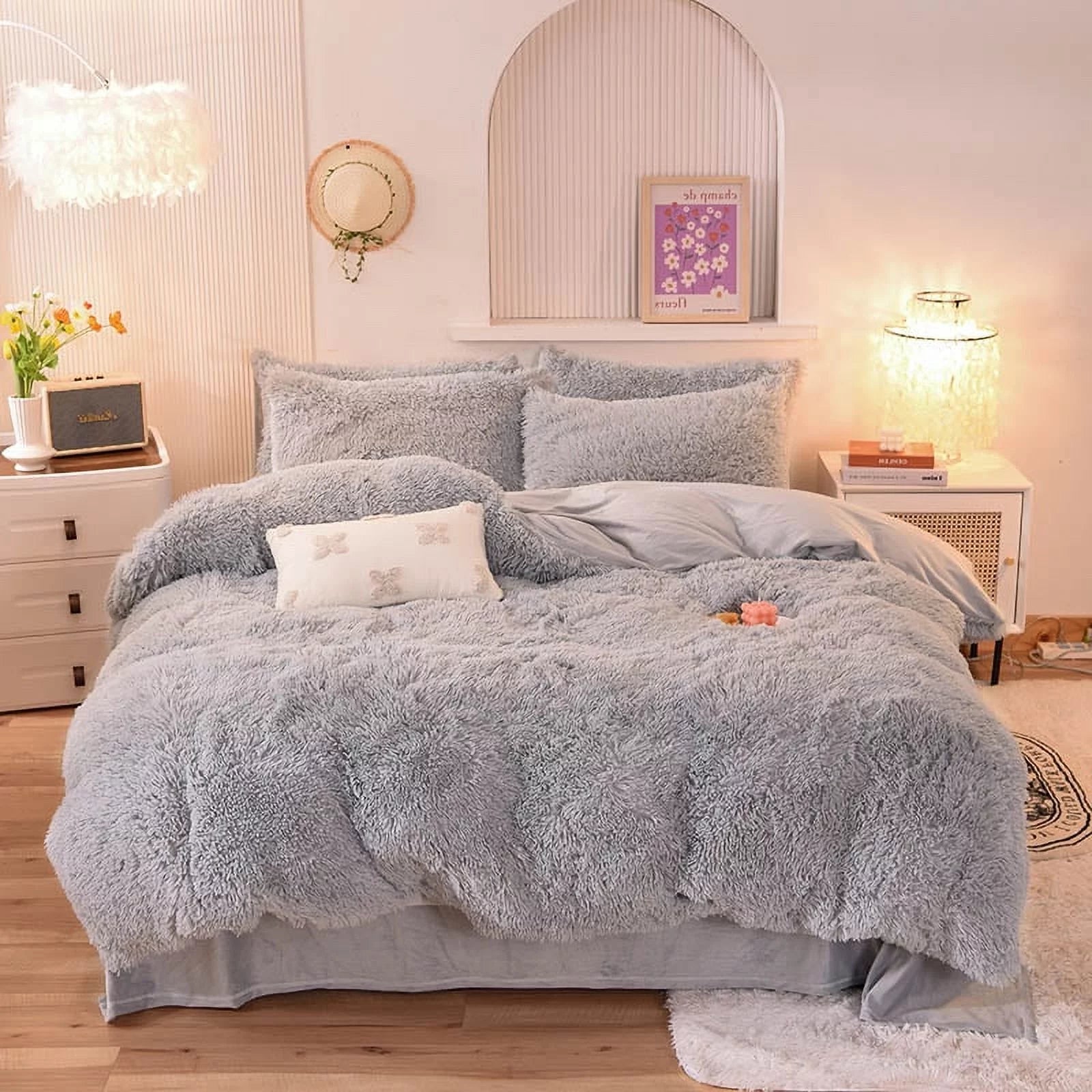 Wajade Plush Shaggy Duvet Cover Set 3 - Piece Faux Fur Duvet Cover Luxury Ultra Soft Bedding Sets Shaggy Duvet Cover with 2 Pillow Cases (Light Gary, Full Size)