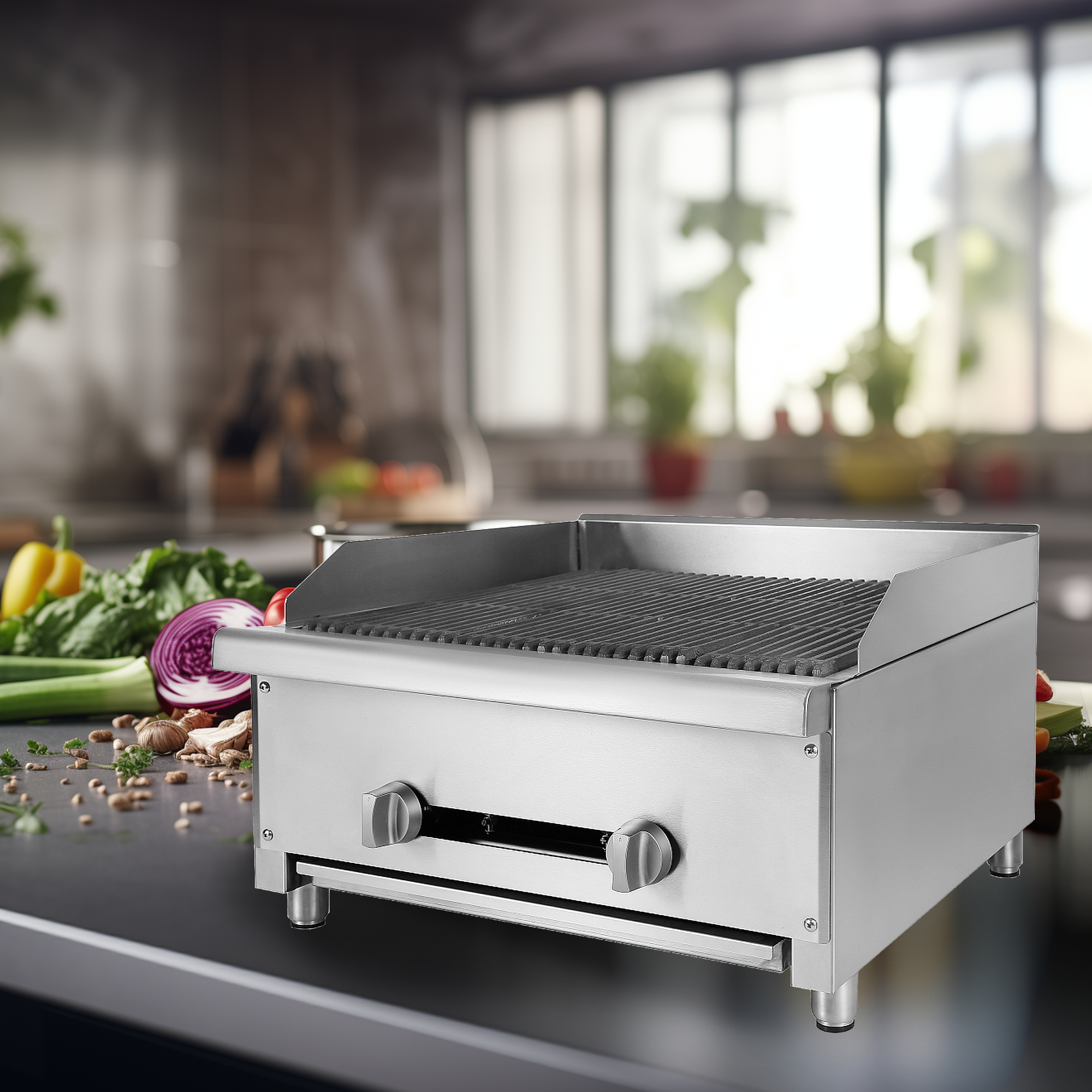 24" Commercial Gas Charbroiler, 2 Burners, Stainless Steel Countertop X970728