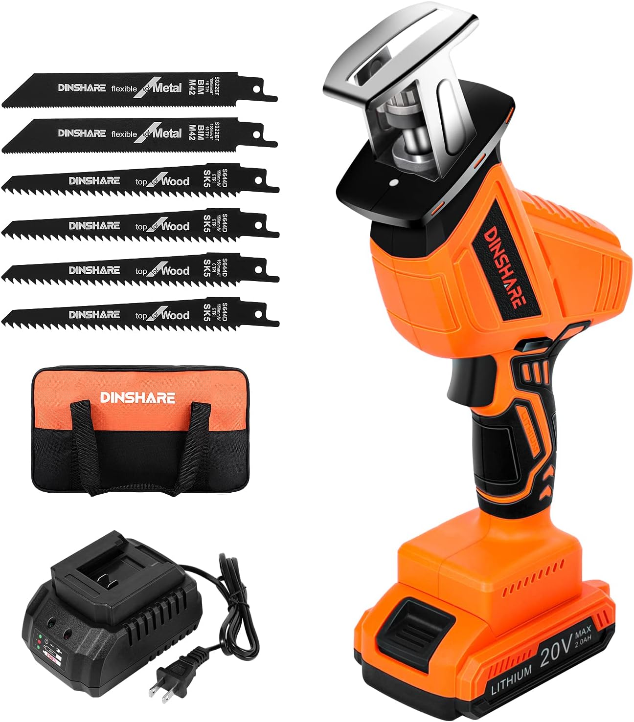 Cordless Reciprocating Saw, 20V 2.0Ah, 6 Saw Blades, Pack of 2 T62100