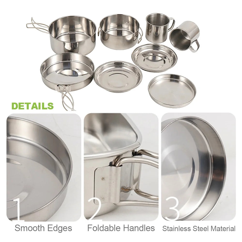 8PCS Stainless Steel Camping Cookware Pot and Pan Set S463198