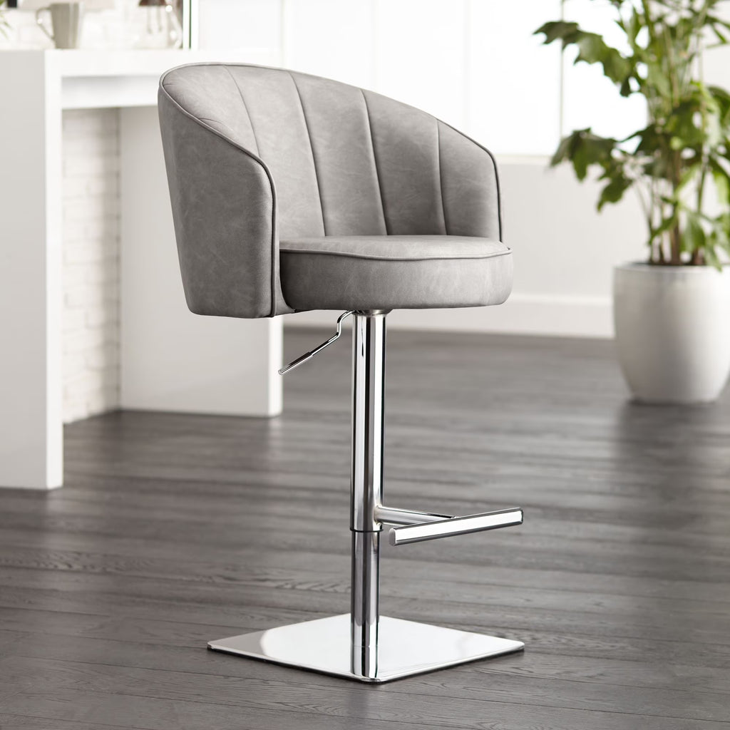 Chrome Swivel Bar Stool 31" High Gray Faux Leather Tufted Cushion with Backrest Footrest Q5224