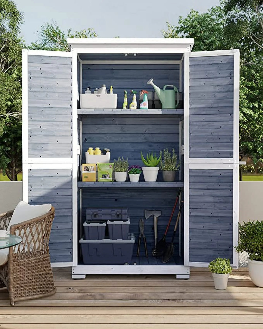 Lofka Outdoor Storage Cabinet Garden Shed w/ Asphalt Roof, Gray