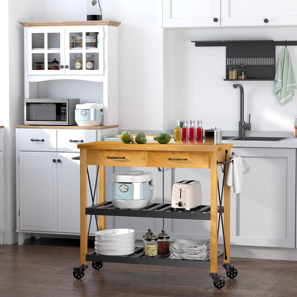 Kitchen Island Cart with 2 Drawers and Open Storage Shelves R12310