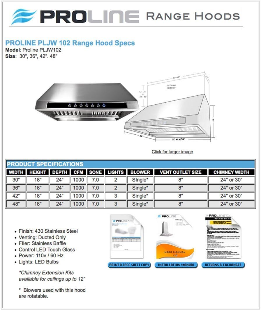 4 Speed Wall/Under Cabinet Range Hood, 1000 Max CFM, Stainless Baffle Filters, 30 36 42 48 Inch R926510
