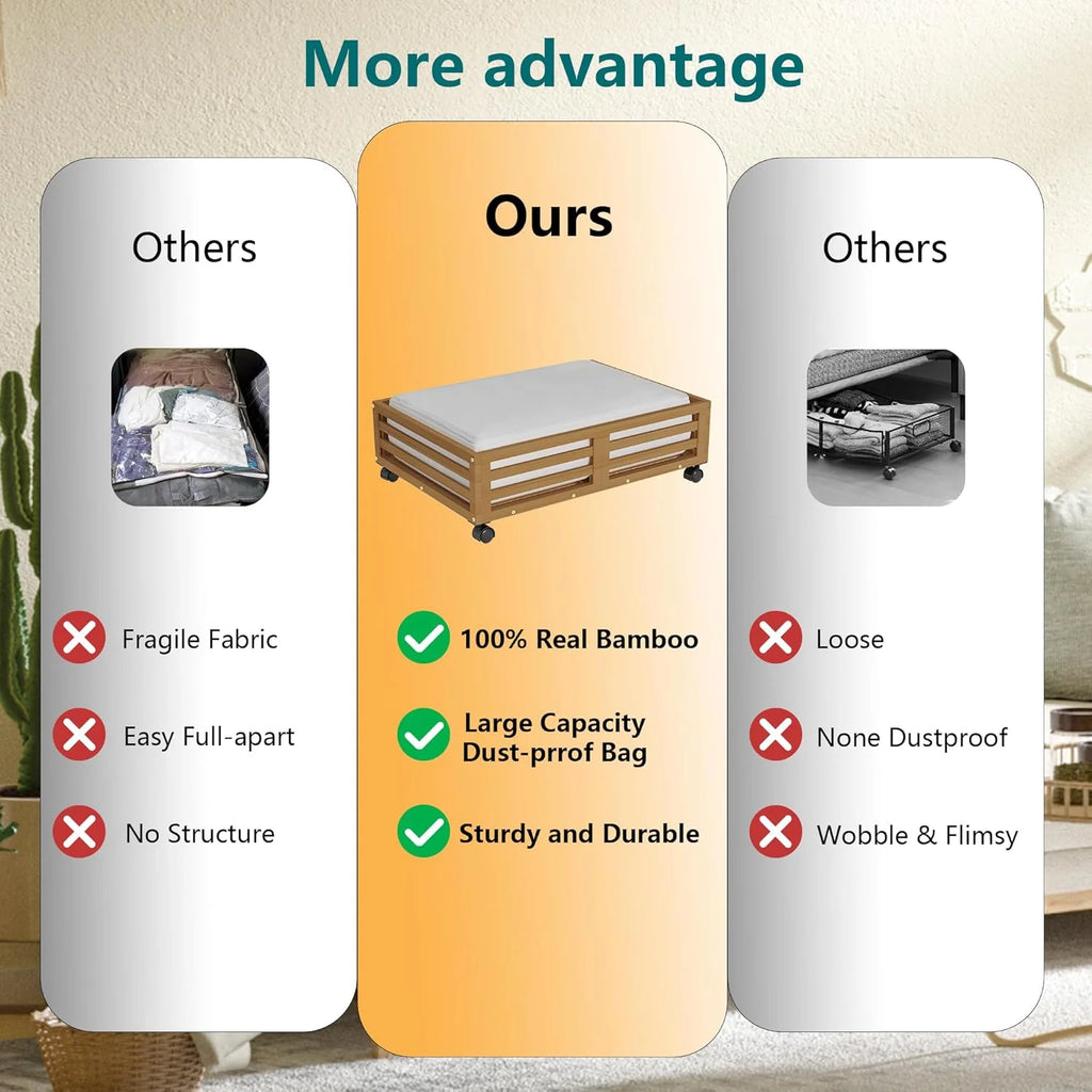 Bamboo Under Bed Storage Containers with Wheels and Dust Bag, 2 Pack W76743