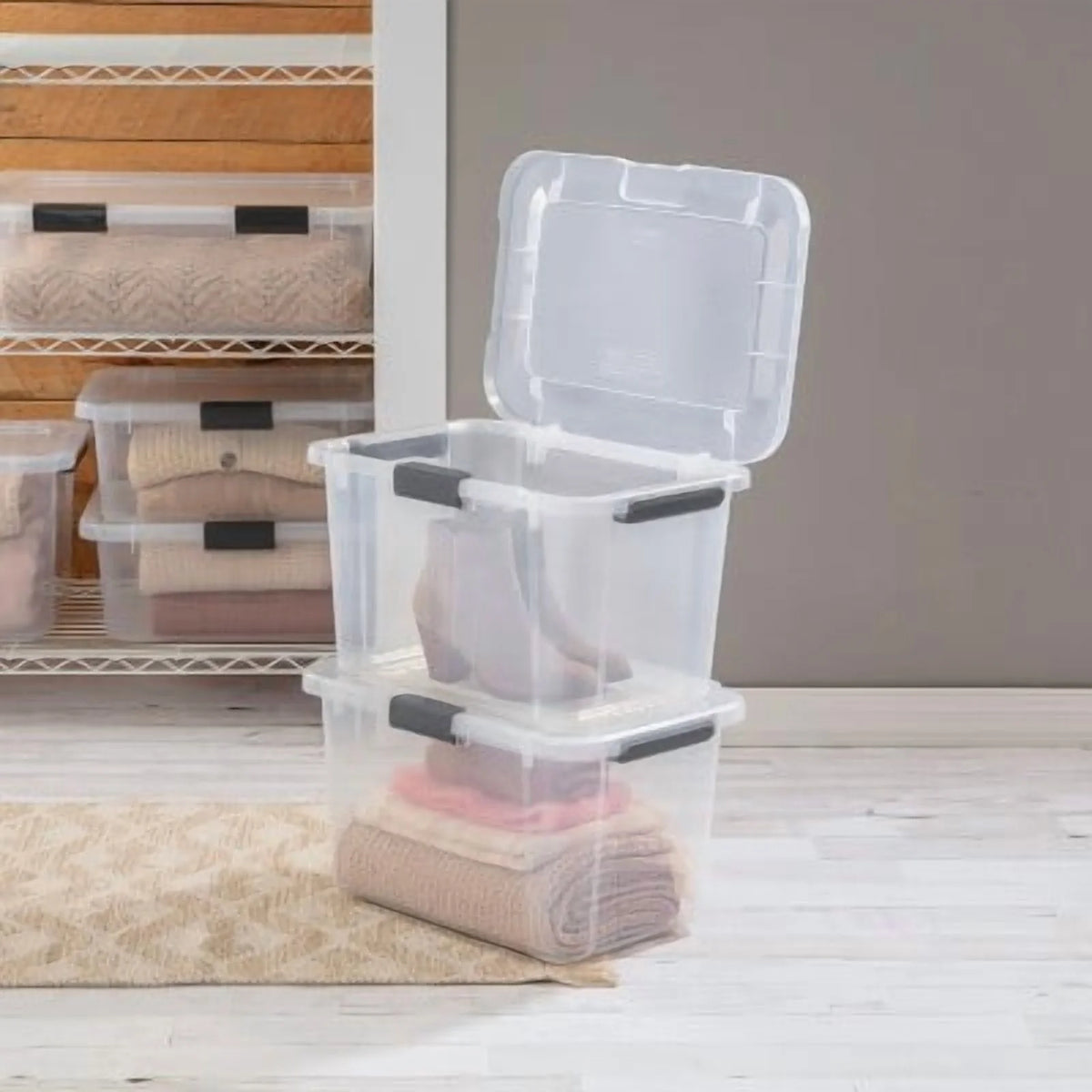 Plastic Storage Tote with Hinged Lid and Handles, Stackable O2837