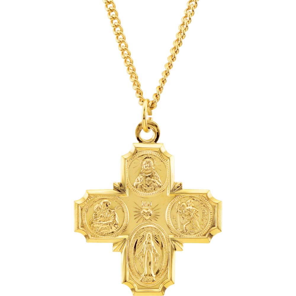 24k Gold Plated 29x29mm Polished Cross Medal Pendant Necklace With 24 Inch Chain I31069