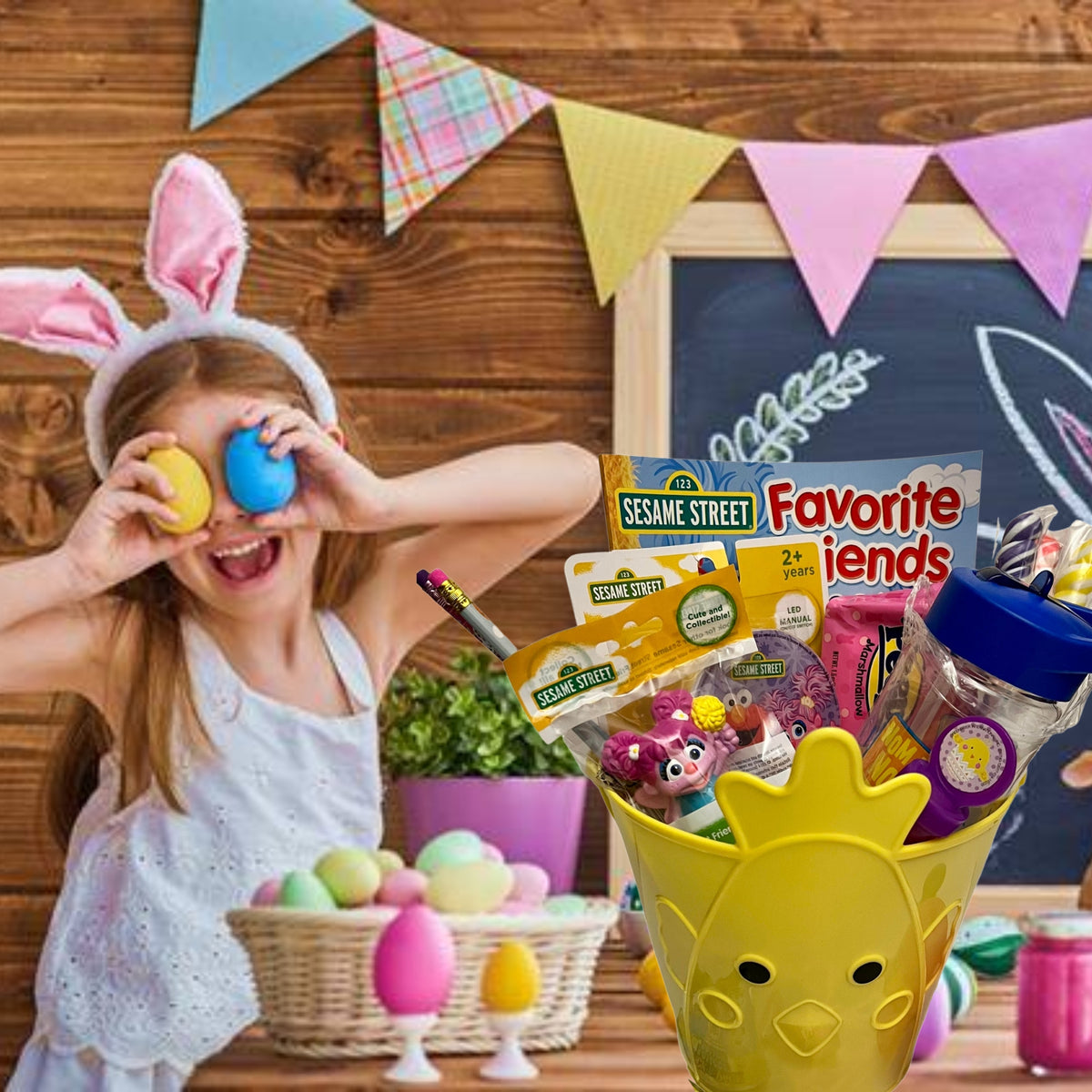 Sesame Street Easter Basket with Collectible Toy Tumbler Led Night Light Coloring Book Bubbles Candies A544404