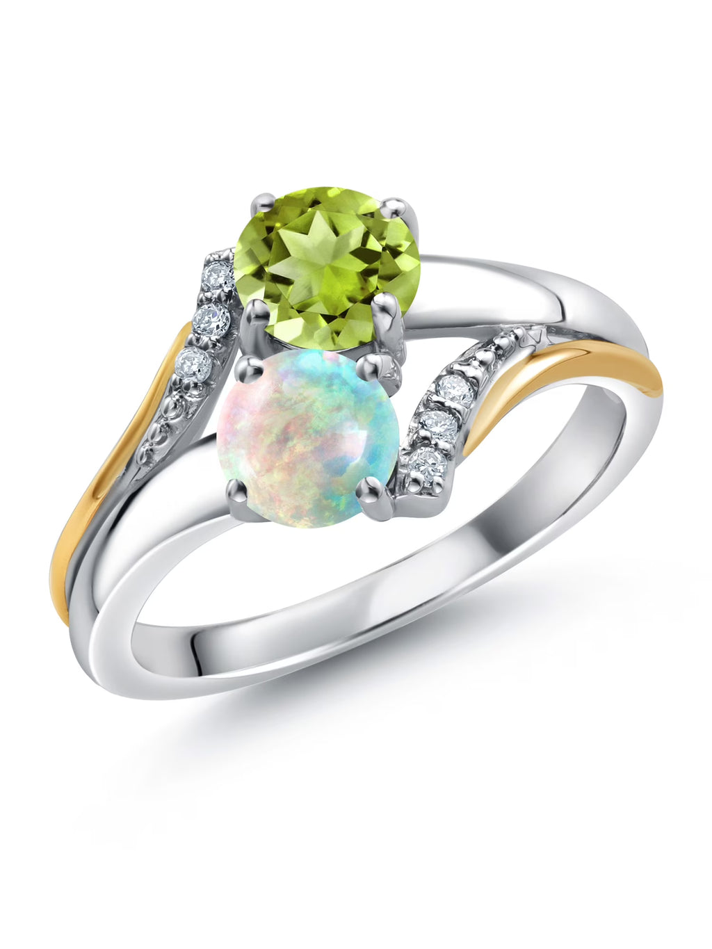10K Yellow Gold and 925 Silver Engagement Ring with White Opal, Green Peridot, and White Lab Grown Diamond Accent A2119