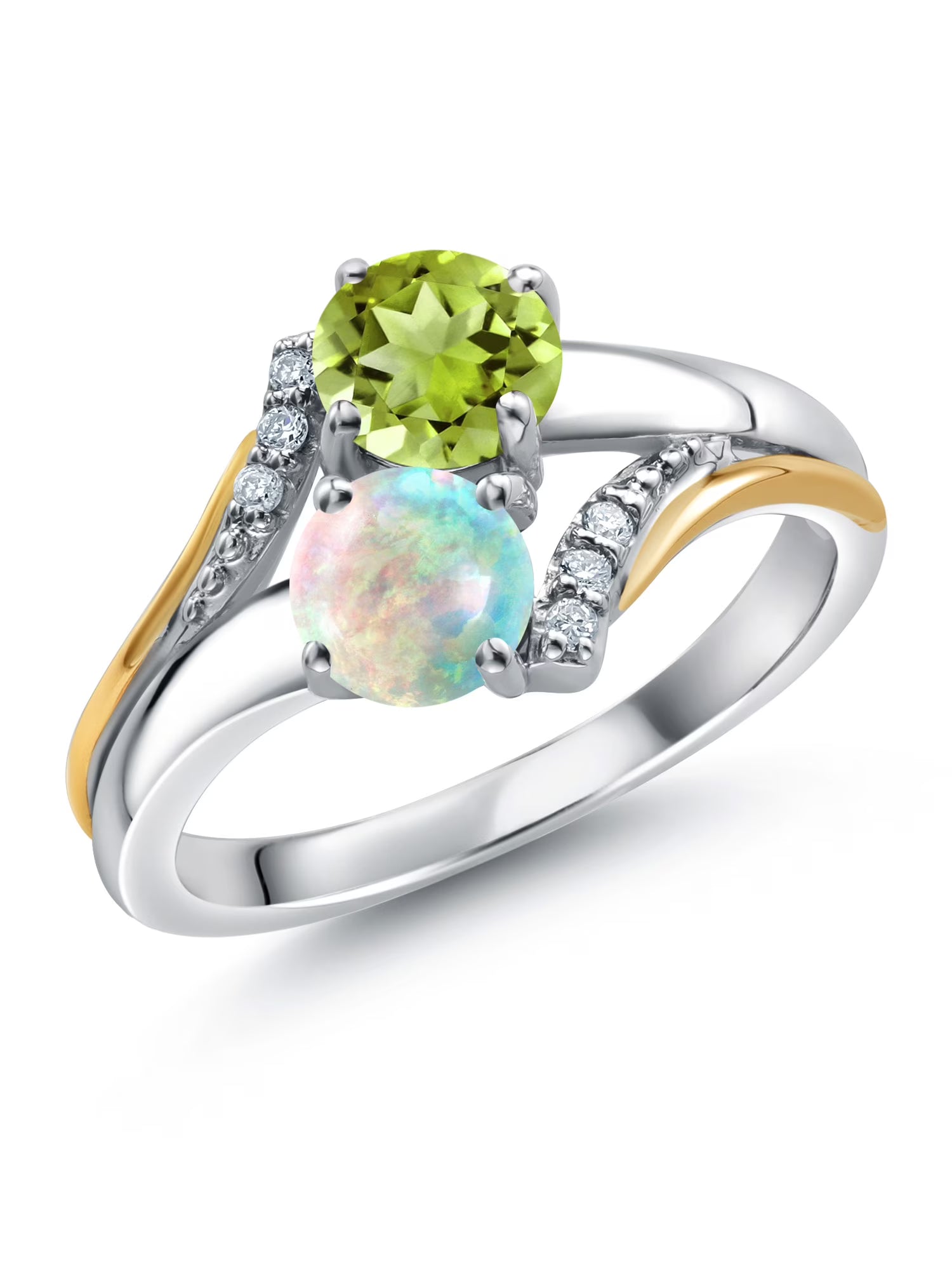 10K Yellow Gold and 925 Silver Engagement Ring with White Opal, Green Peridot, and White Lab Grown Diamond Accent A2119