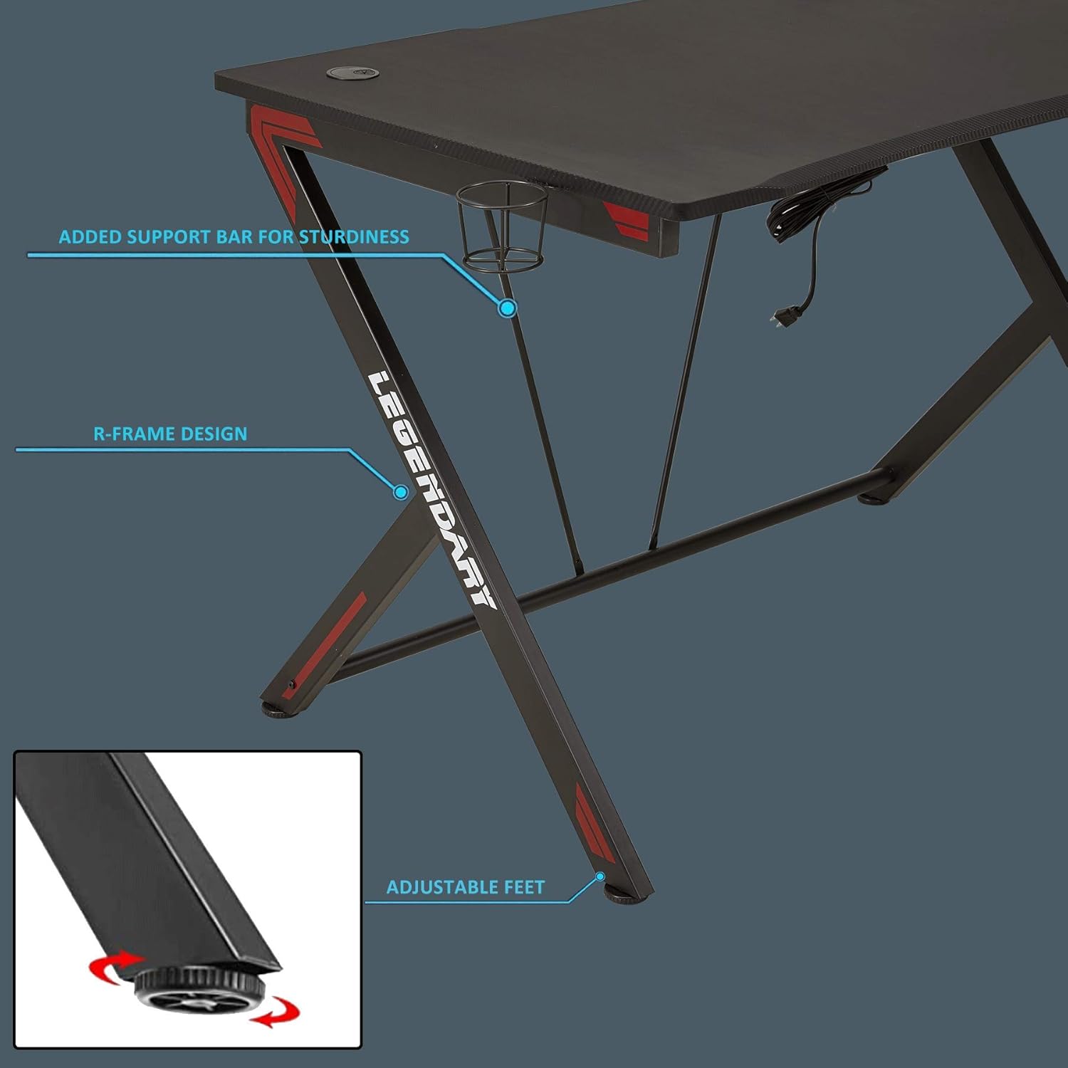 45 inch Carbon Fiber Gaming Desk with Headphone Hook, Cup Holder and Cable Management Holes V24036