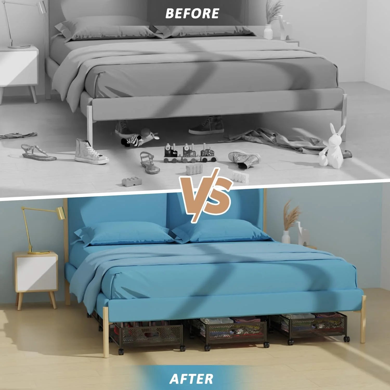 Under Bed Storage on Wheels, Large Capacity Rolling Containers, Foldable Drawers W803948
