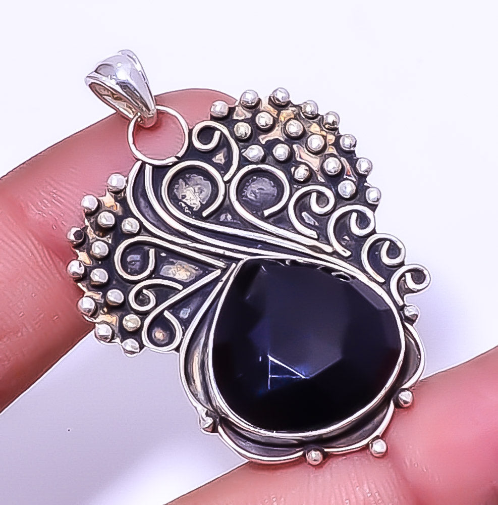 Black Onyx 925 Silver Plated Pendant 1.95" G585040