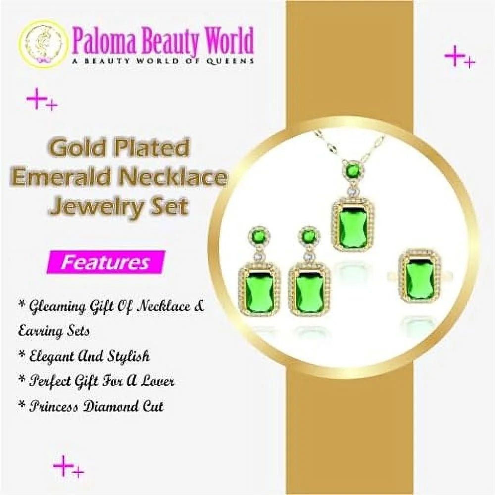 3Pcs/Set Iced Out Cubic Zirconia Green Gemstone Ring Necklace Earrings Gold Plated Jewelry Sets Y197