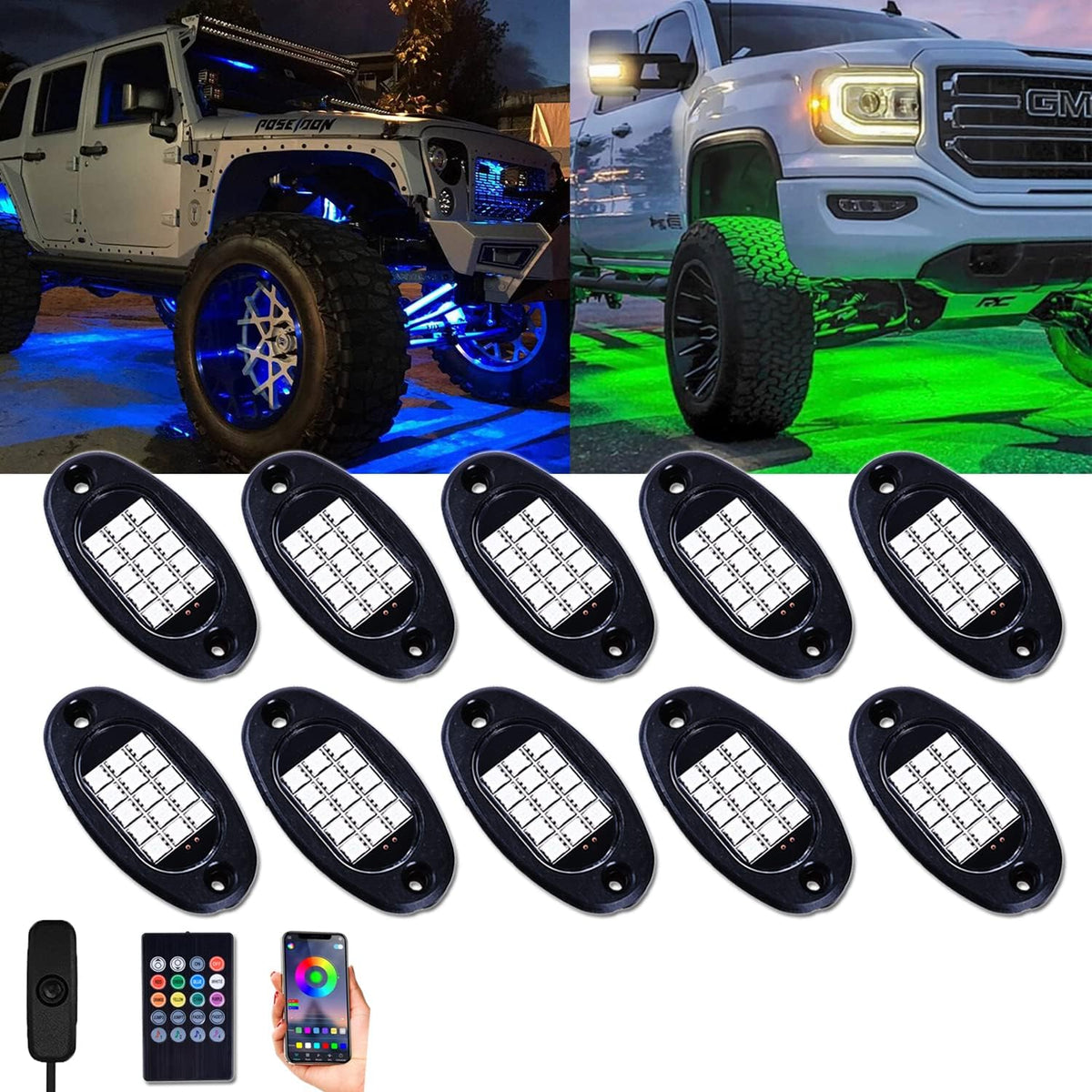 RGB LED Rock Lights Multicolor Neon Underglow Light Kit 10 Pods Pack of 2 D836