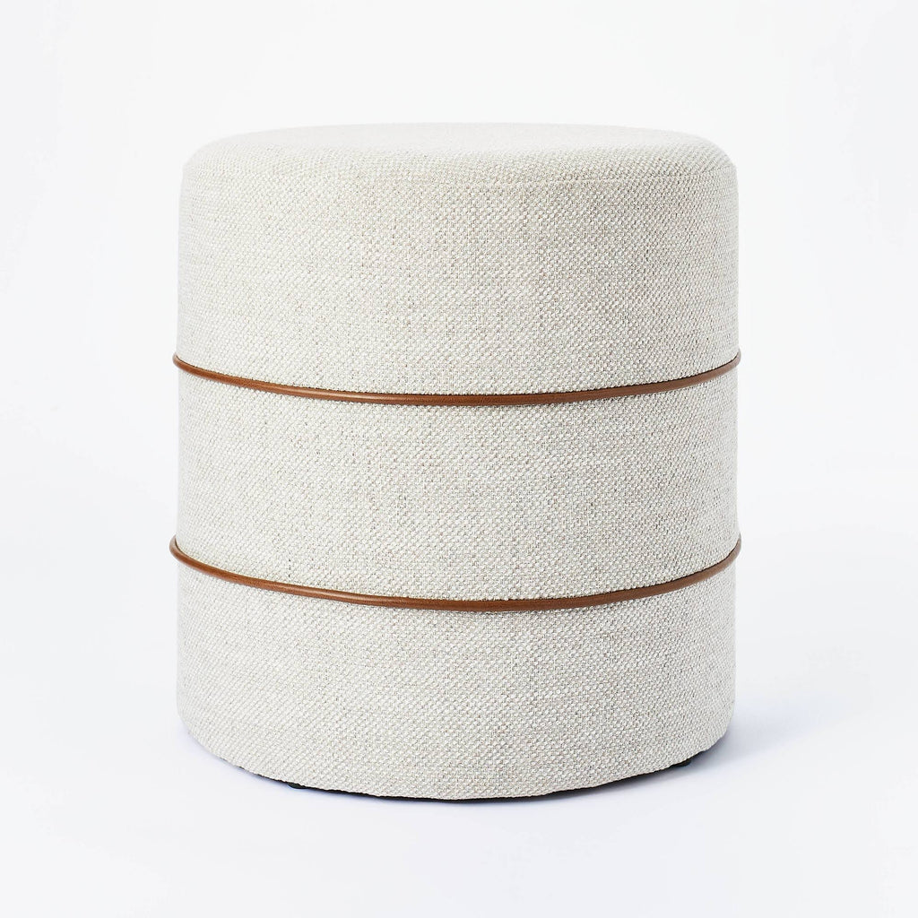 Cream Round Ottoman with Leather Piping D134660