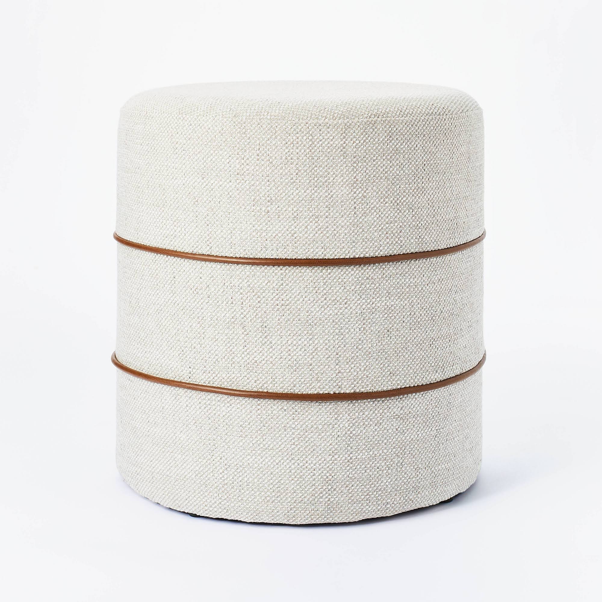 Cream Round Ottoman with Leather Piping D134660