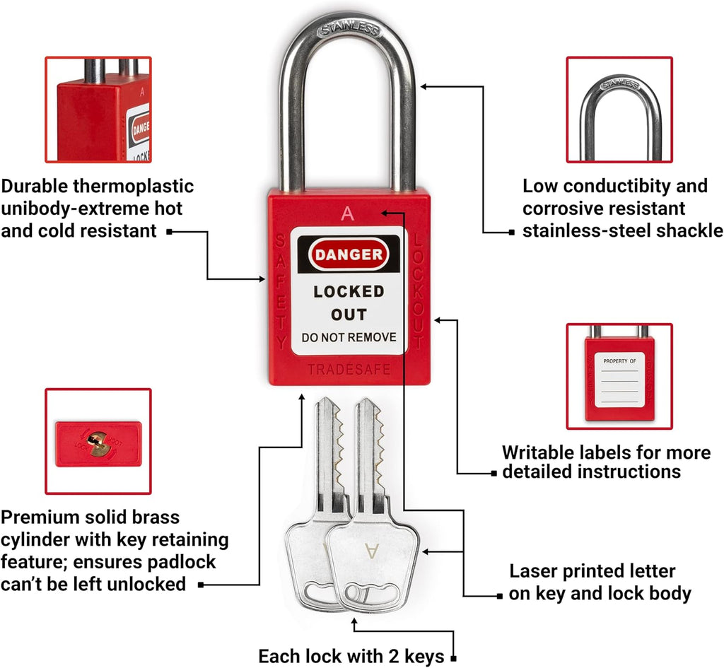 Red Keyed Alike Padlocks, 10 Pack, Stainless Steel Shackle F706295