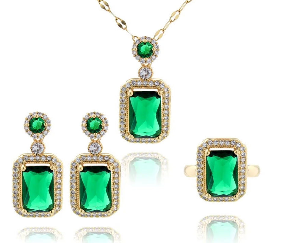 3Pcs/Set Iced Out Cubic Zirconia Green Gemstone Ring Necklace Earrings Gold Plated Jewelry Sets Y197