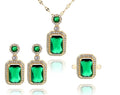 3Pcs/Set Iced Out Cubic Zirconia Green Gemstone Ring Necklace Earrings Gold Plated Jewelry Sets Y197