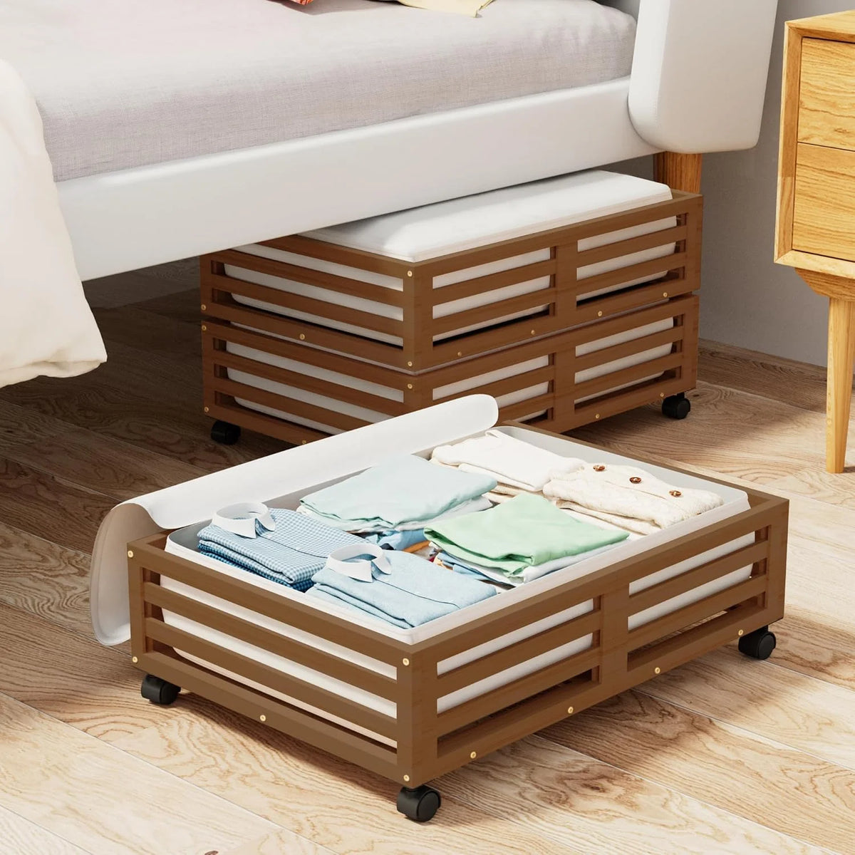 Bamboo Under Bed Storage Containers with Wheels and Dust Bag, 2 Pack W76743