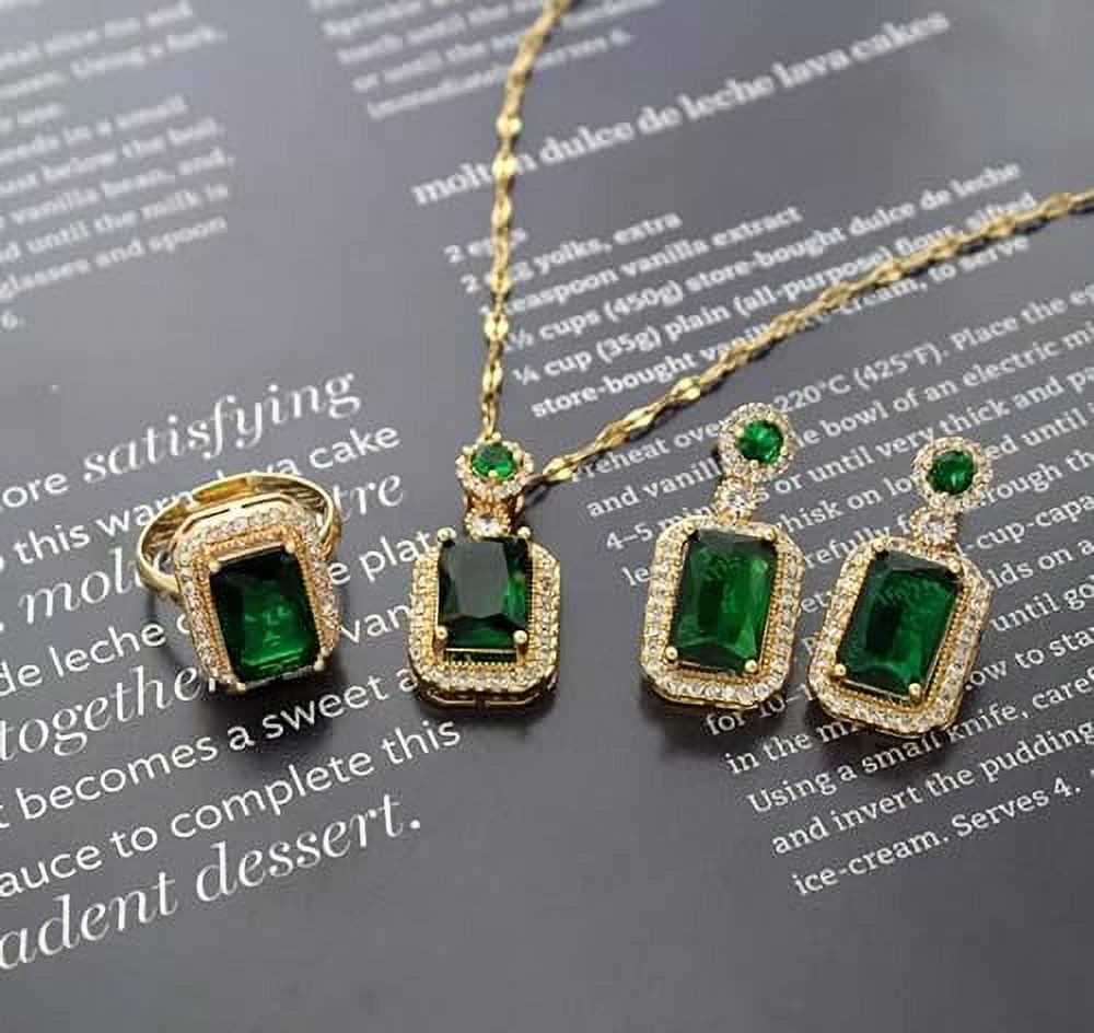 3Pcs/Set Iced Out Cubic Zirconia Green Gemstone Ring Necklace Earrings Gold Plated Jewelry Sets Y197