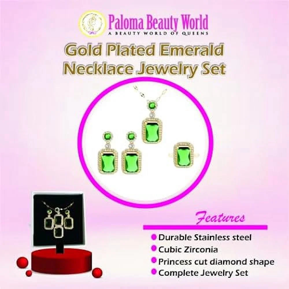 3Pcs/Set Iced Out Cubic Zirconia Green Gemstone Ring Necklace Earrings Gold Plated Jewelry Sets Y197