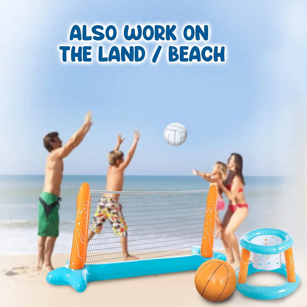 2-in-1 Inflatable Floating Pool Volleyball Basketball Game Set with Weight Bags, Light Blue G6829