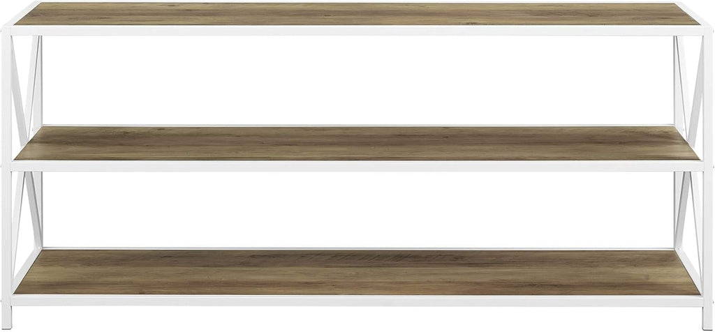 60 Inch Rustic Oak and White Wood Metal Bookcase E847378