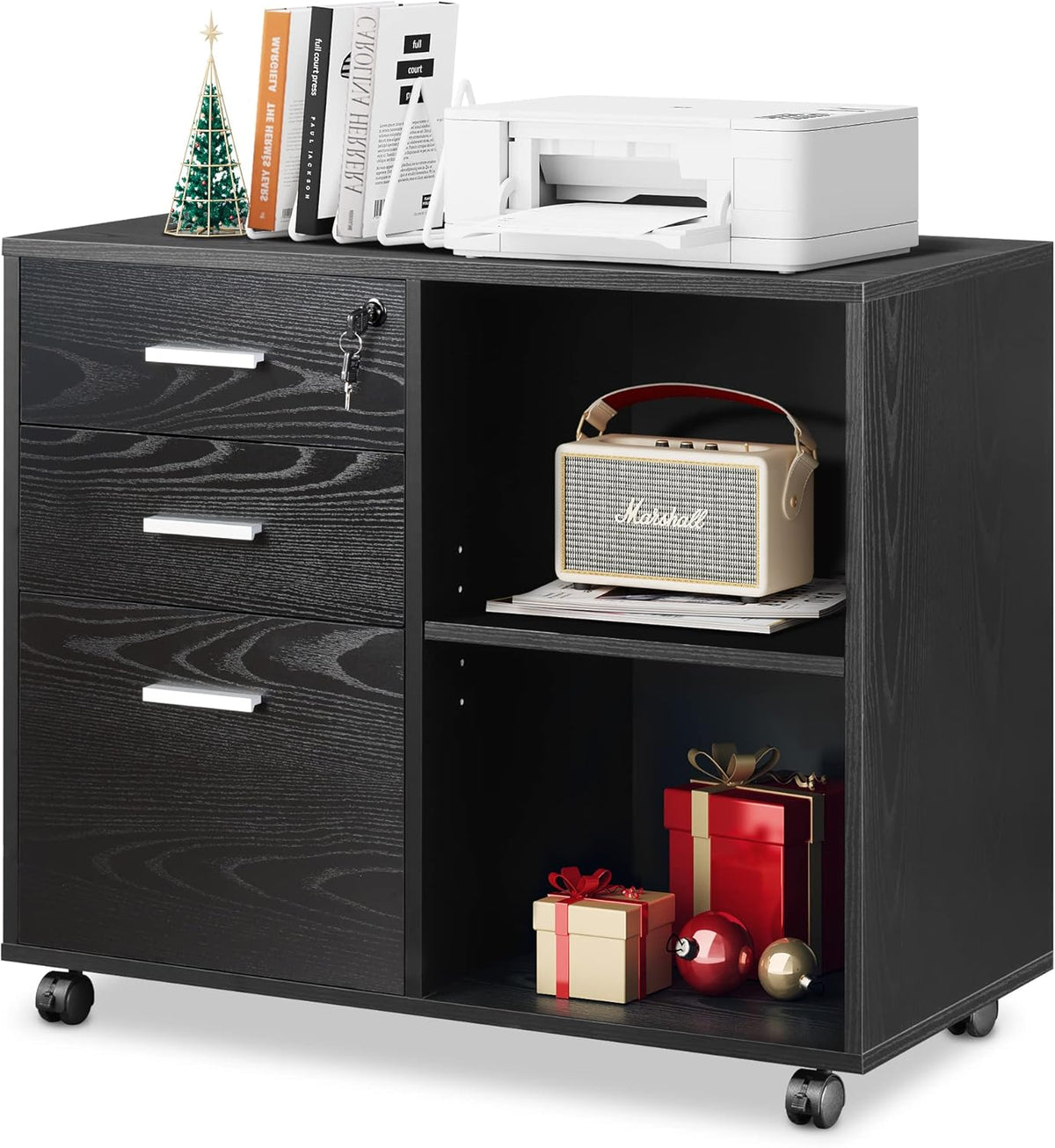 Gray Oak 3-Drawer Wood File Cabinet with Lock V2212