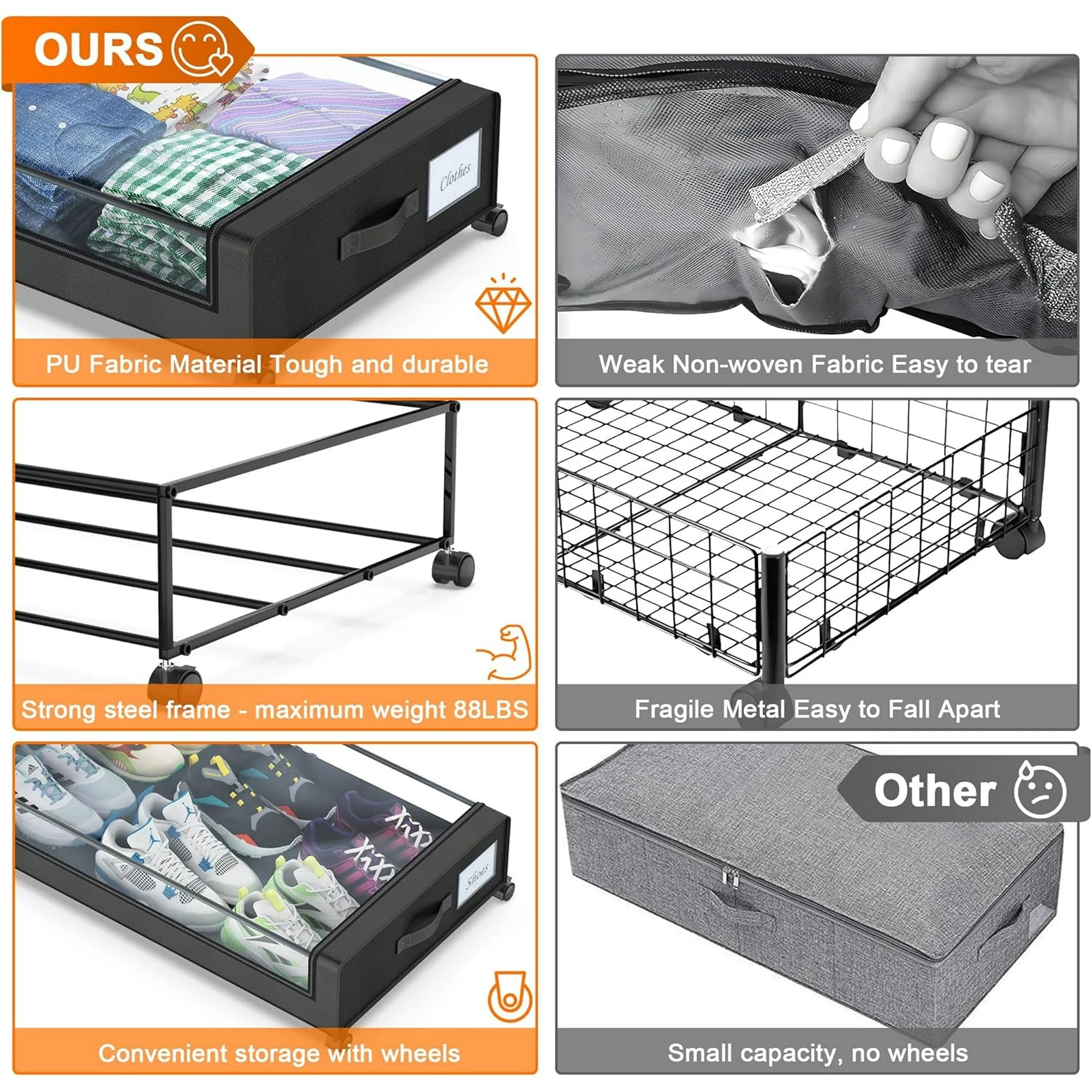 Under Bed Storage with Wheels, 2-Pack Clear Lid Containers, Rolling Metal Drawer Y70361