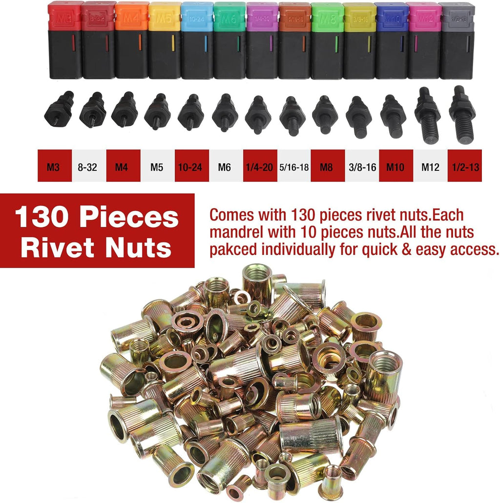 14'' Rivet Nut Tool Set Kit with 13PCS Metric & Inch Mandrels, 130PCS Rivet Nuts, Plastic Case A698479