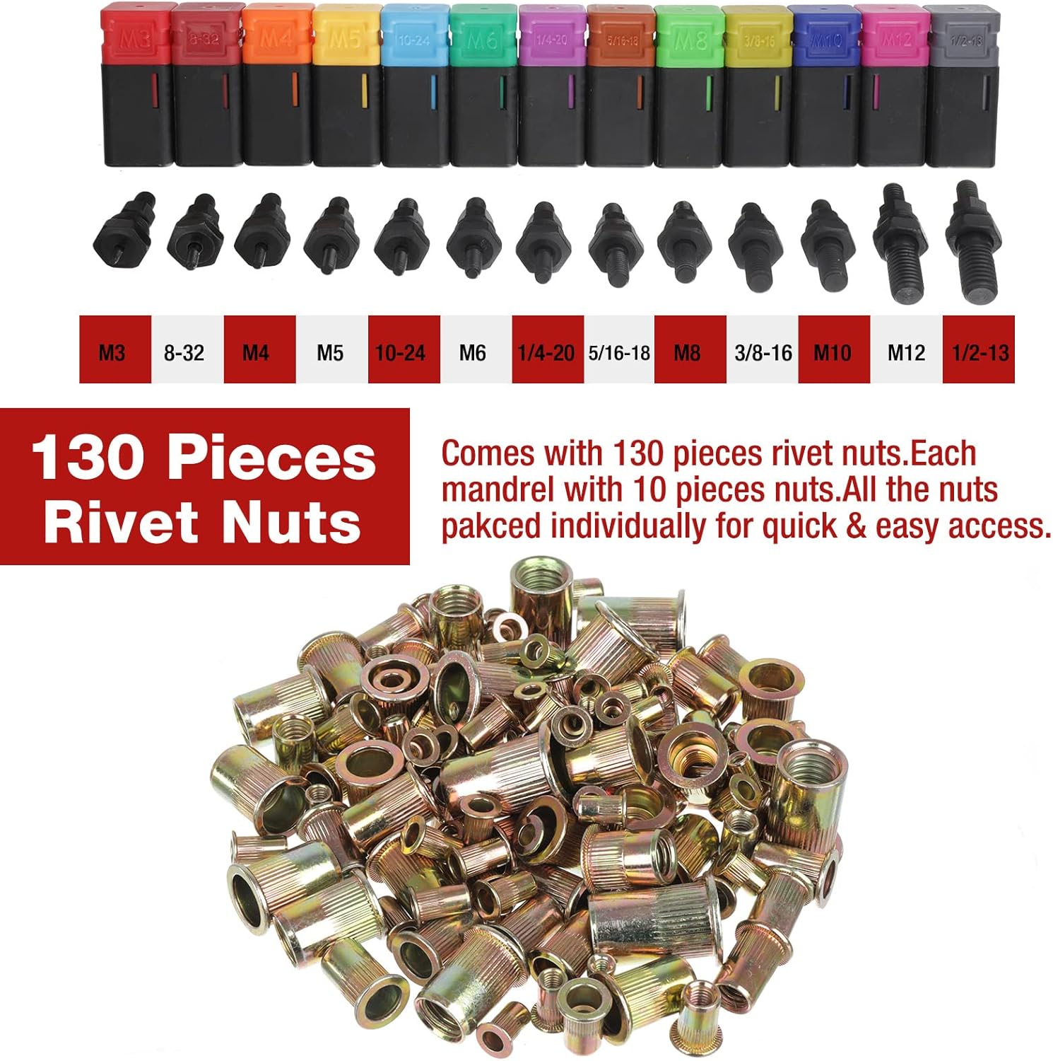 14'' Rivet Nut Tool Set Kit with 13PCS Metric & Inch Mandrels, 130PCS Rivet Nuts, Plastic Case A698479