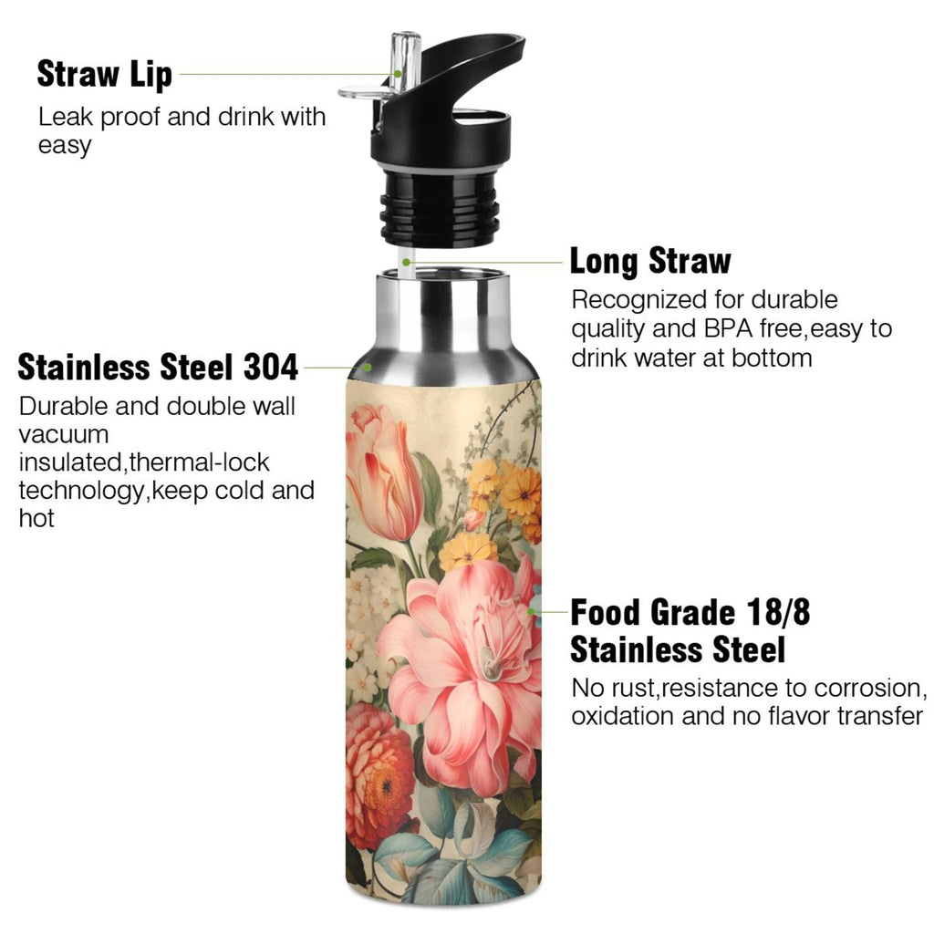 Pink Flowers Print Stainless Steel Insulated Water Bottle with Straw Lid Y712