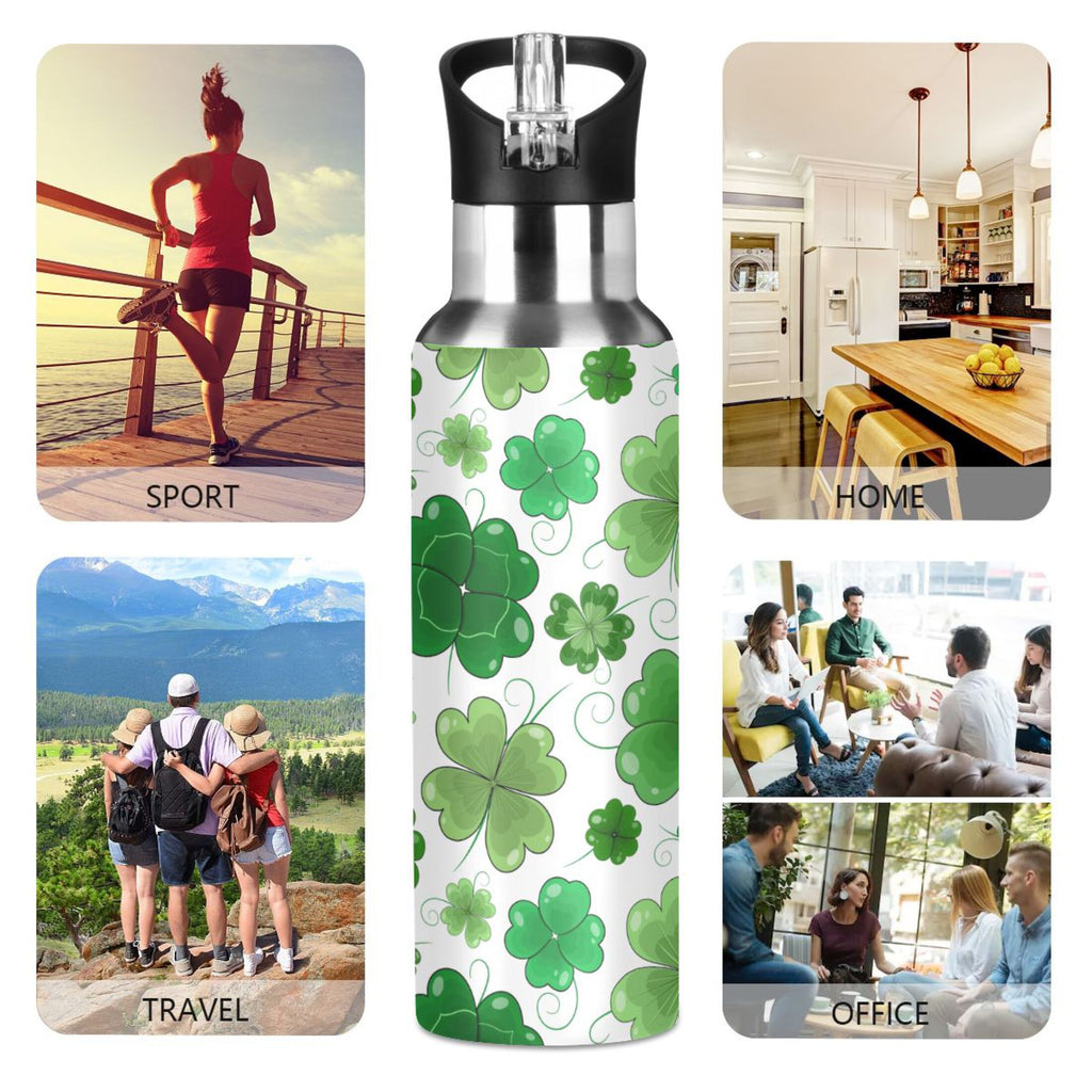 Green Clover Leaves Stainless Steel Vacuum Insulated Water Bottle with Straw Lid 20 OZ F45422