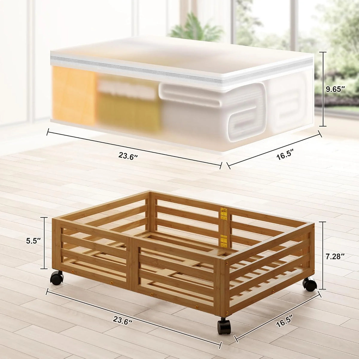 Under Bed Storage Containers with Wheels, Bamboo Wood, 2 Pack O88203