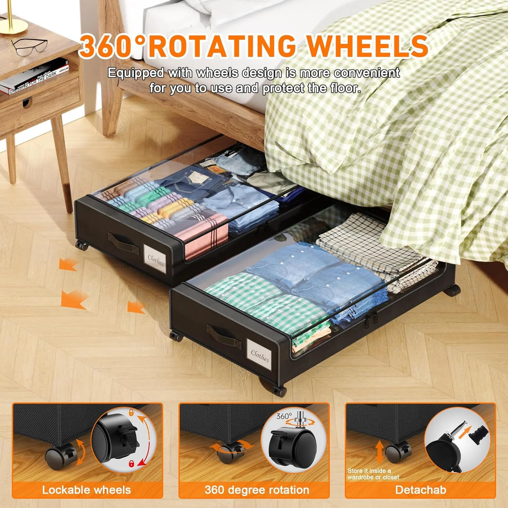 Under Bed Storage with Wheels, 2-Pack Clear Lid Containers, Rolling Metal Drawer Y70361