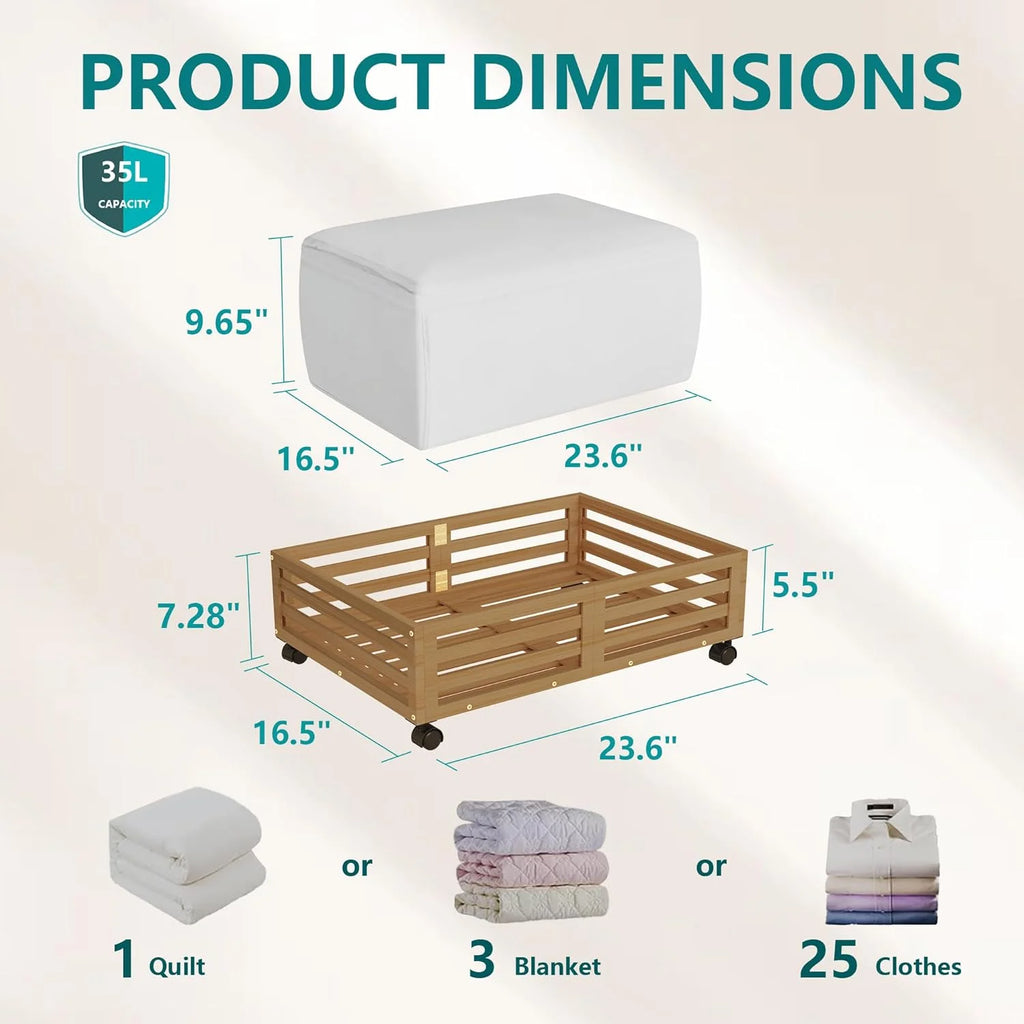 Bamboo Under Bed Storage Containers with Wheels and Dust Bag, 2 Pack W76743