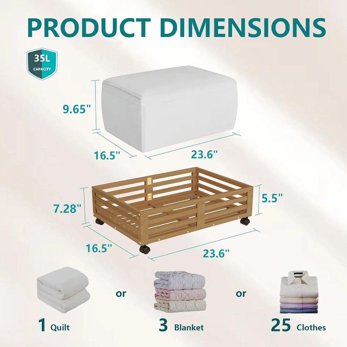 Bamboo Under Bed Storage Containers with Wheels and Dust Bag, 2 Pack W76743