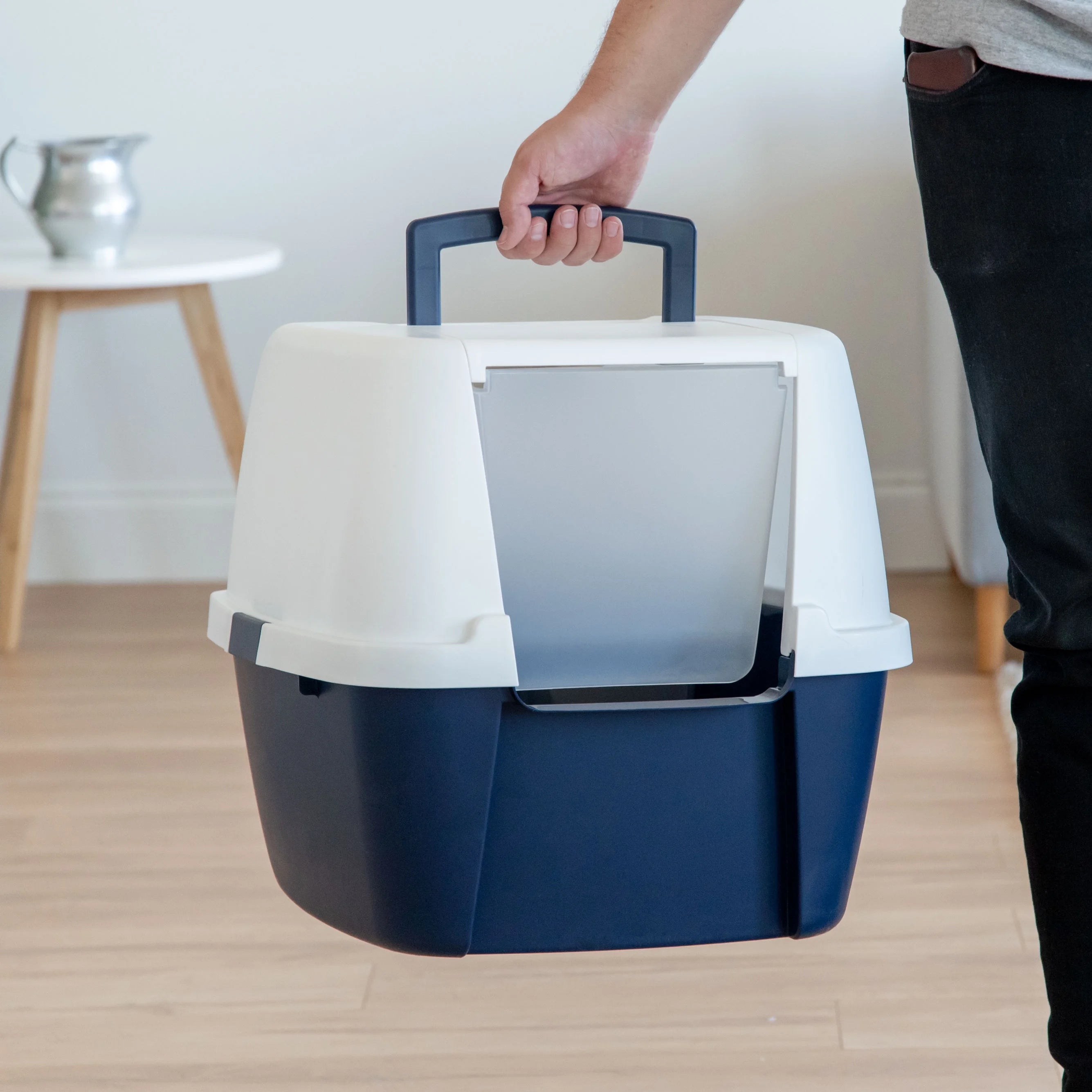 Jumbo Hooded Cat Litter Box with Carrying Handle and Entry Flap, Navy-White A12256