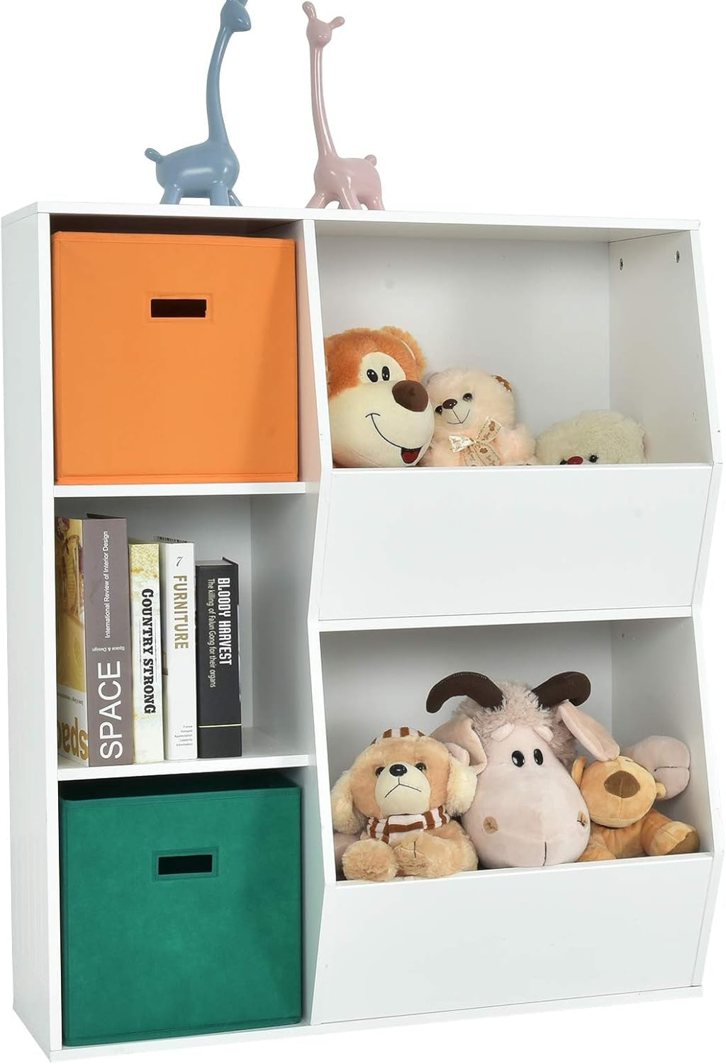 5 Cubbies Grey Wooden Kids Bookshelf with Storage Bins K5137